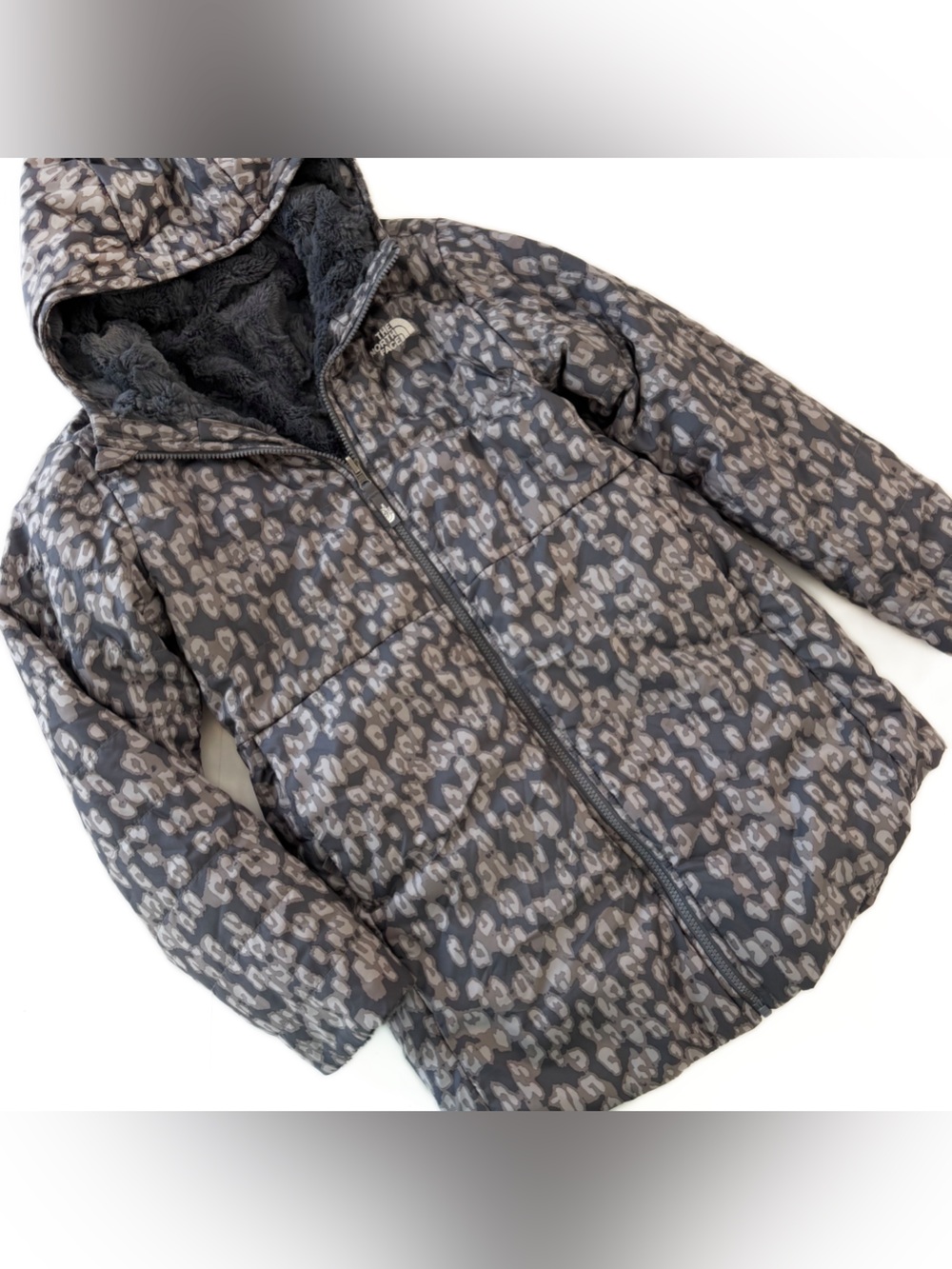 The North Face Coat Girls XL 18 Mossbud Gray Leopard Reversible